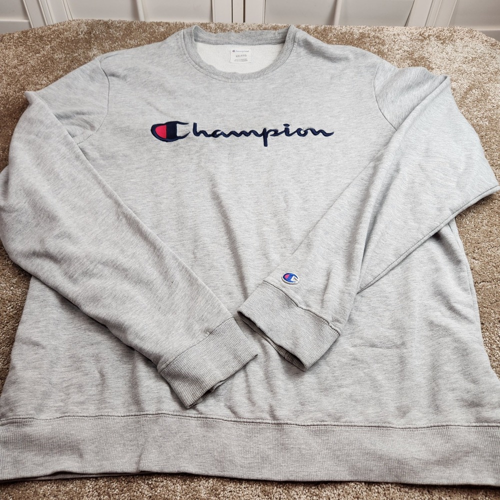 Champion Mens XXL Heather Gray Script Logo Crewneck Sweatshirt 1470782 Pullover